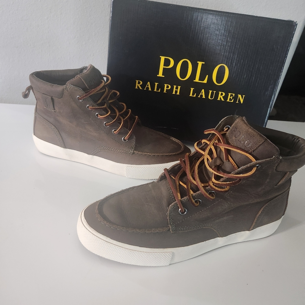Polo Ralph Lauren Tedd Brown Leather Lace up Ankle Sneaker Boots men's s…